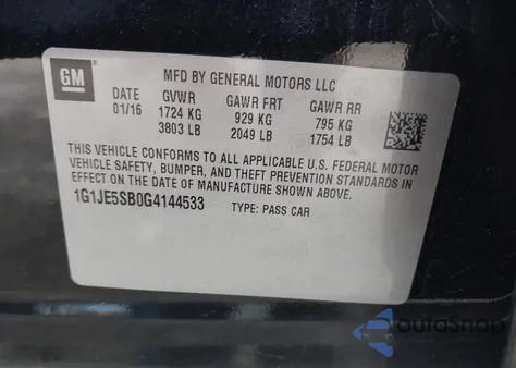 2016 Chevrolet Sonic Ltz Auto z USA, uszkodzony, nr VIN 1G1JE5SB0G4144533